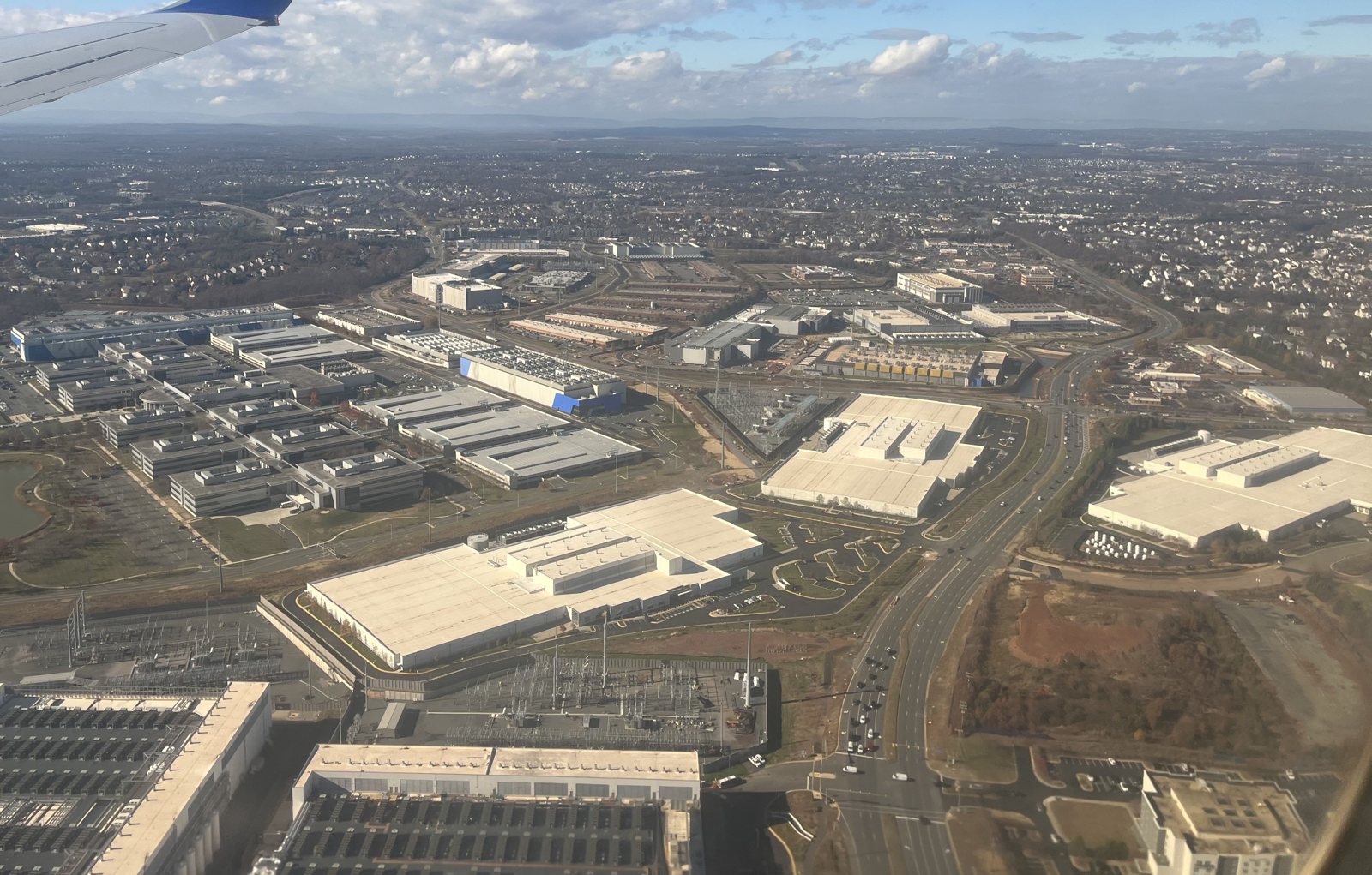 Aerial view of large data center buildings in Ashburn, Virginia